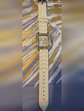 Geneva Platinum Silver Square Face Rhinestone Watch White Silicone Strap
